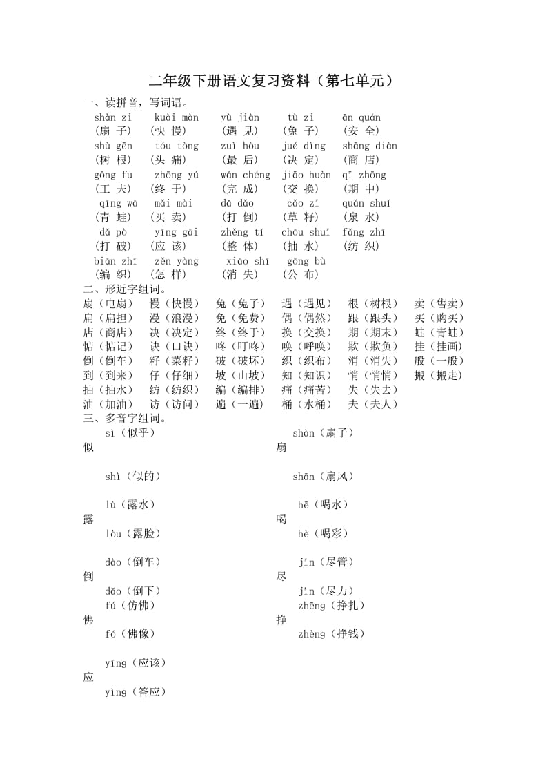 二年级语文下册第七单元复习资料-学习资料站