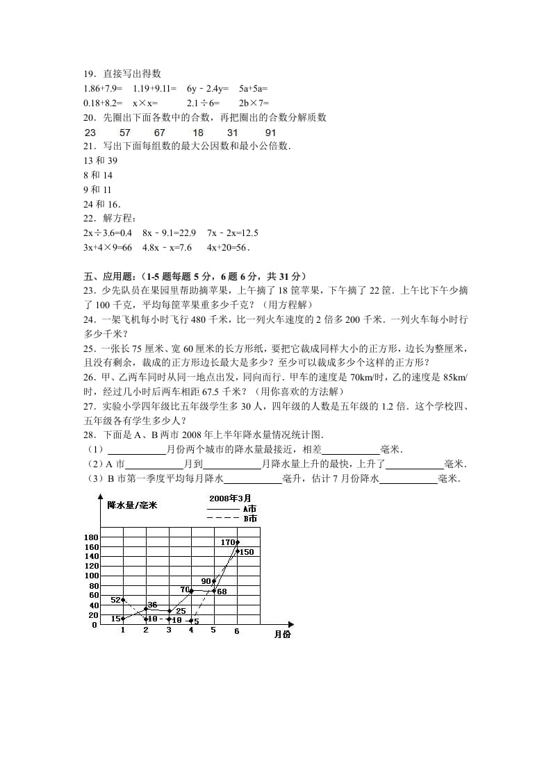 图片[2]-五年级数学下册苏教版下学期期中测试卷10-学习资料站