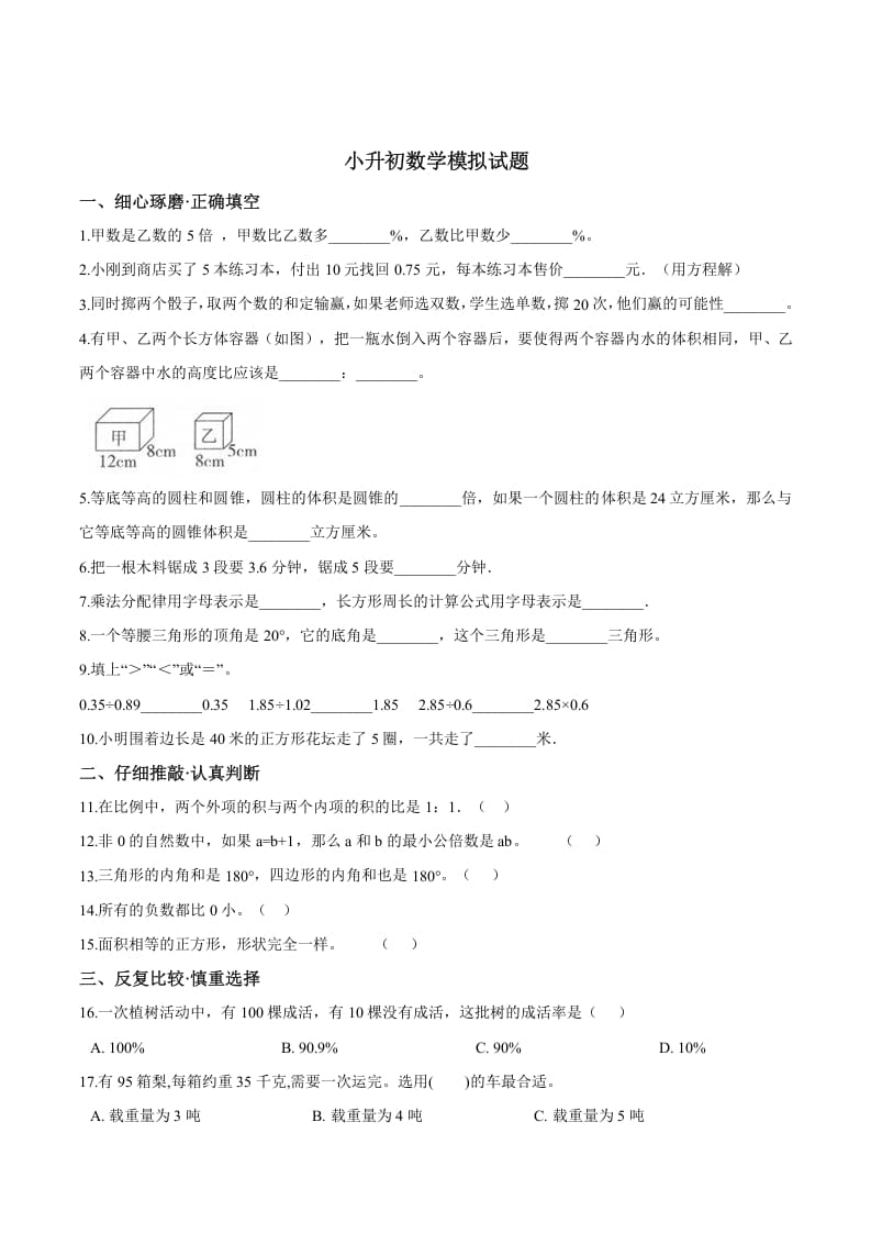 六年级数学下册小升初模拟试题（25）苏教版（含解析）-学习资料站