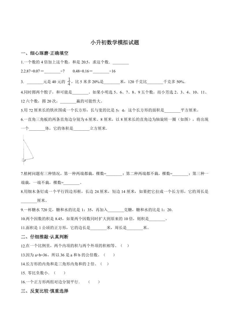 六年级数学下册小升初模拟试题（19）苏教版（含解析）-学习资料站