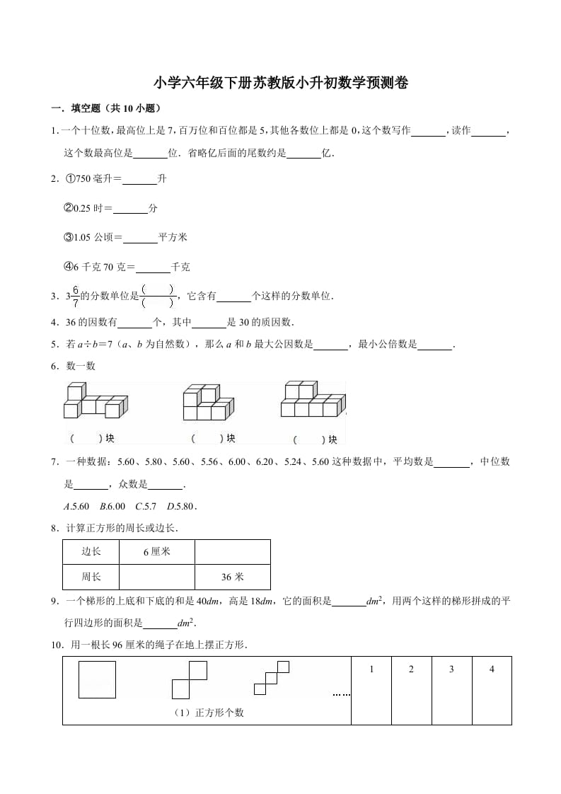 六年级数学下册小升初模拟试题（30）苏教版（含解析）-学习资料站
