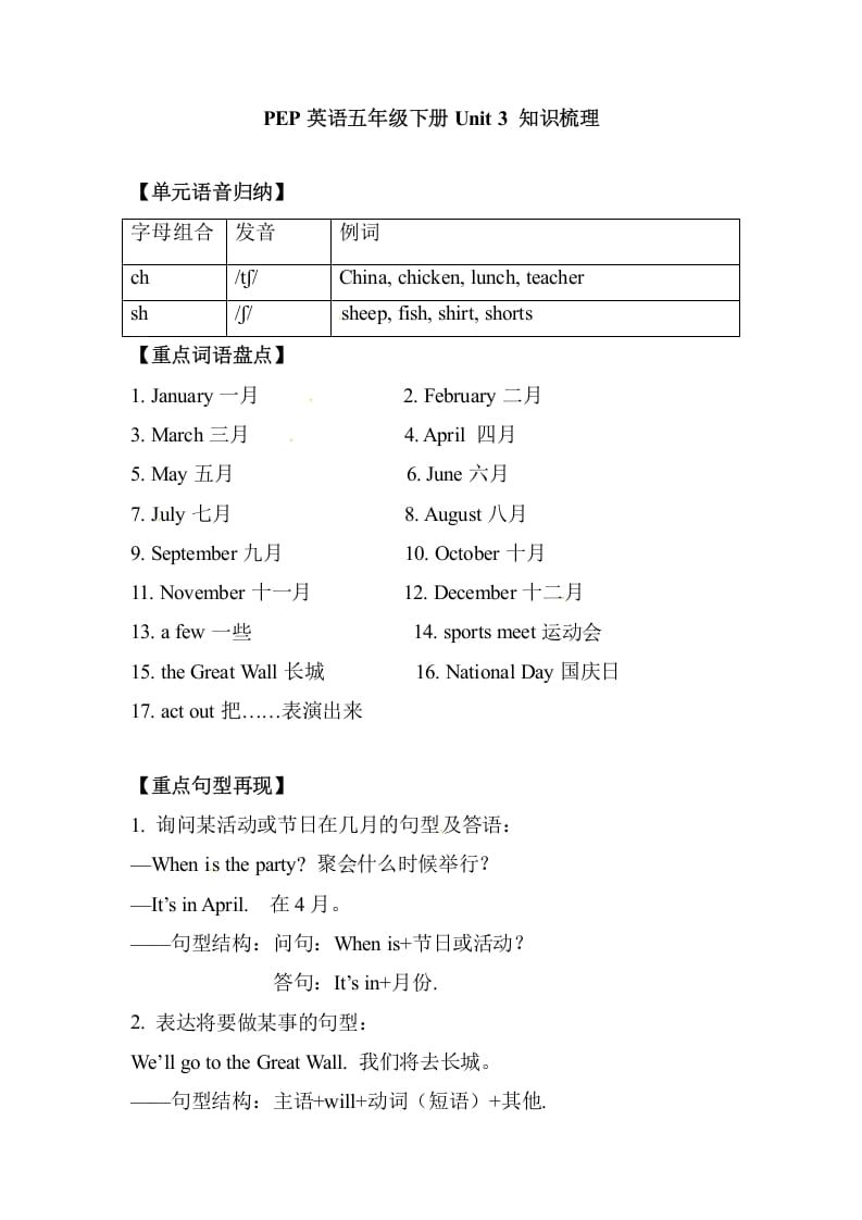 五年级数学下册英语单元知识梳理-Unit3Myschoolcalendar人教PEP-学习资料站
