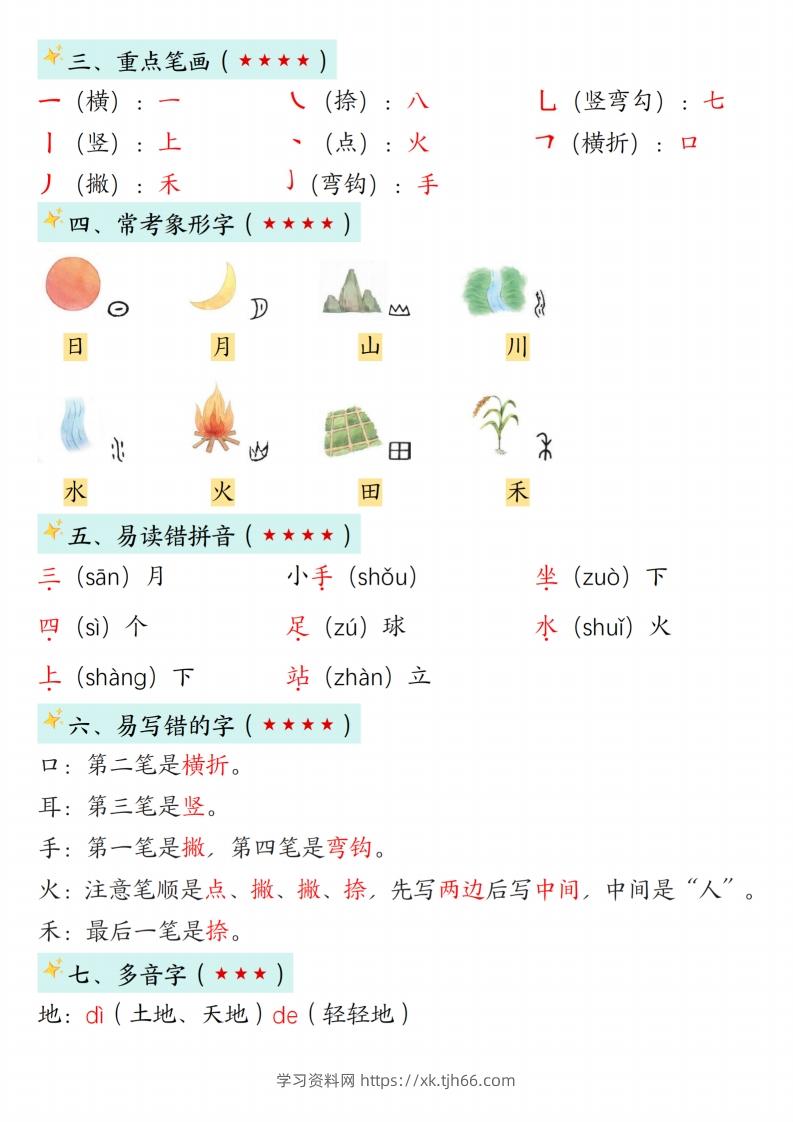 图片[2]-24新版一年级语文上册1-2单元知识点汇总-学习资料站