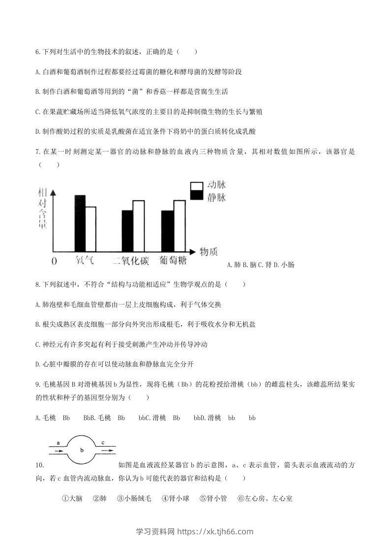 图片[2]-2020-2021学年湖南省常德市澧县八年级下学期期末生物试题及答案(Word版)-学习资料站