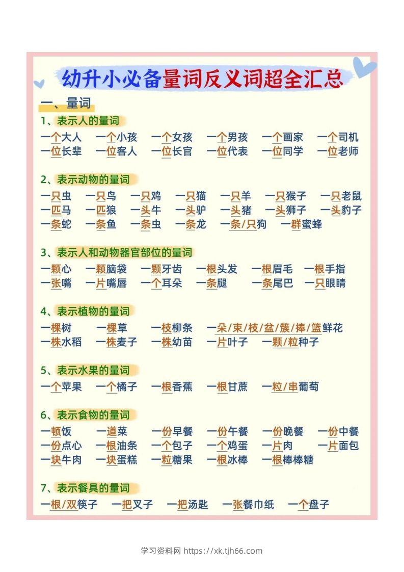 幼小衔接必备量词反义词汇总-学习资料站