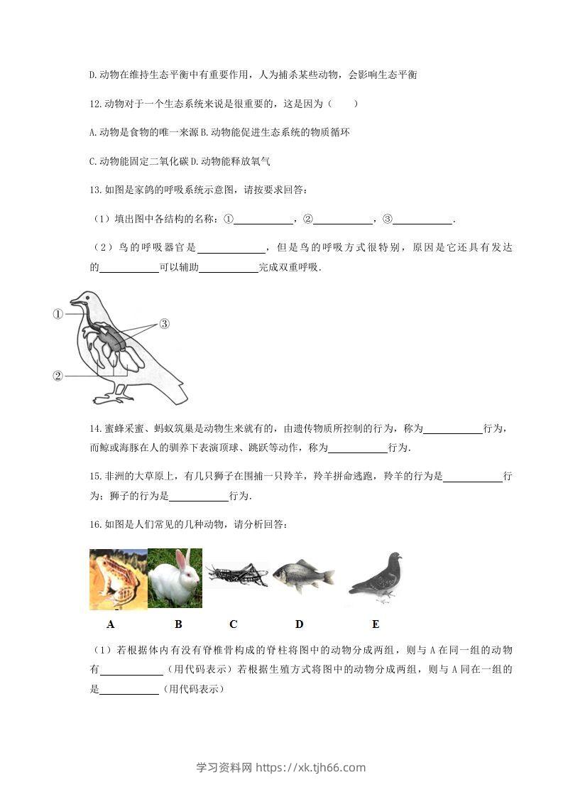 图片[3]-2020-2021学年湖北省黄冈市红安县八年级上学期期中生物试题及答案(Word版)-学习资料站