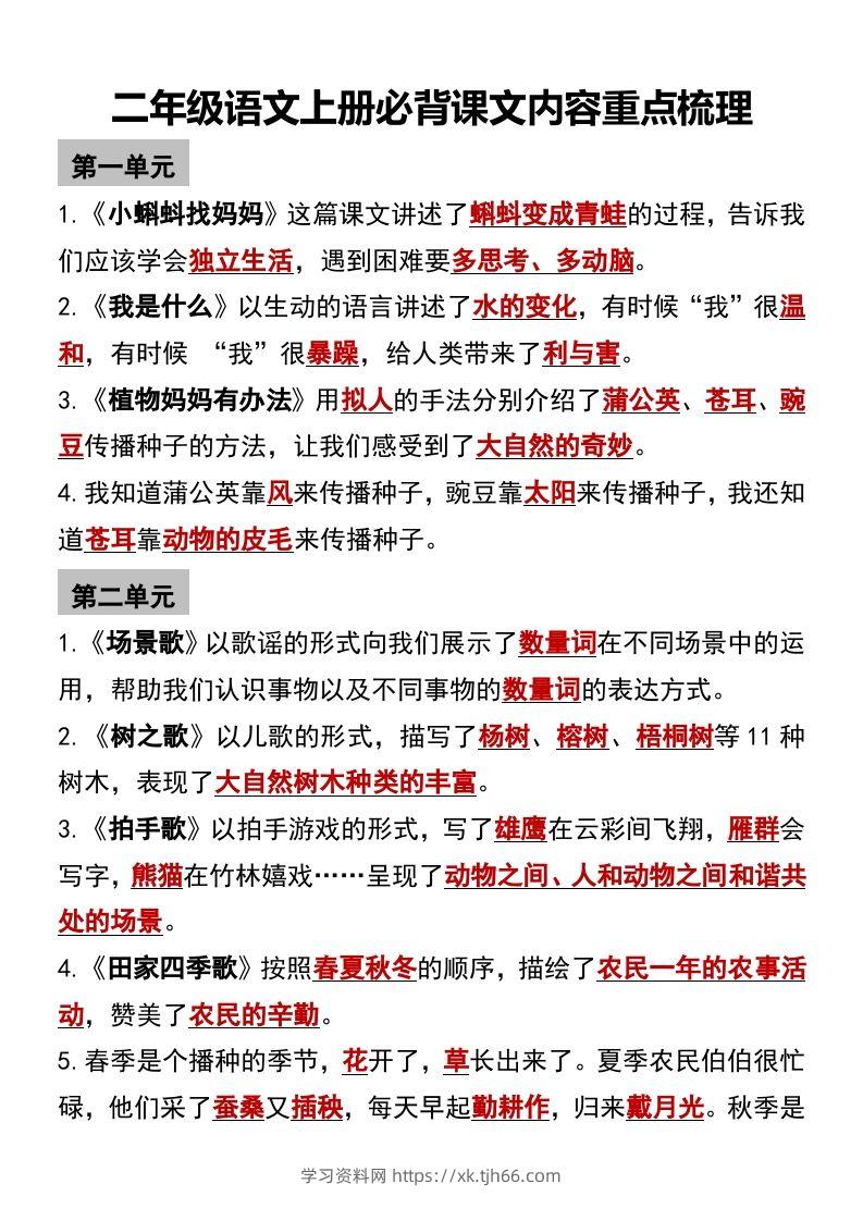 二年级语文上册必背课文内容重点梳理-学习资料站