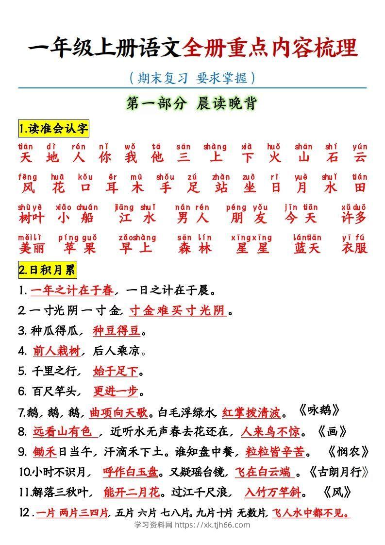 【全册重点知识点汇总】一上语文-学习资料站