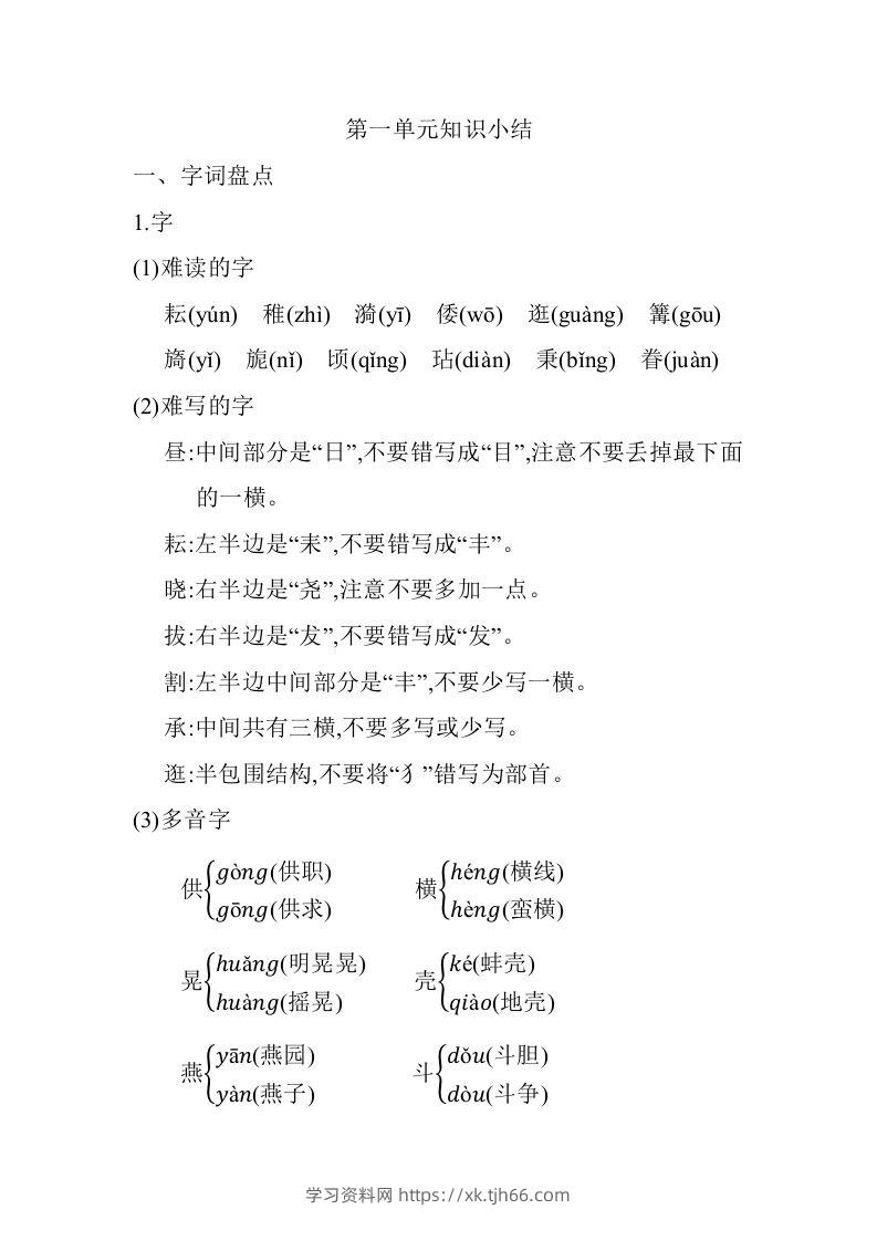 五年级语文下册第一单元知识小结（部编版）-学习资料站