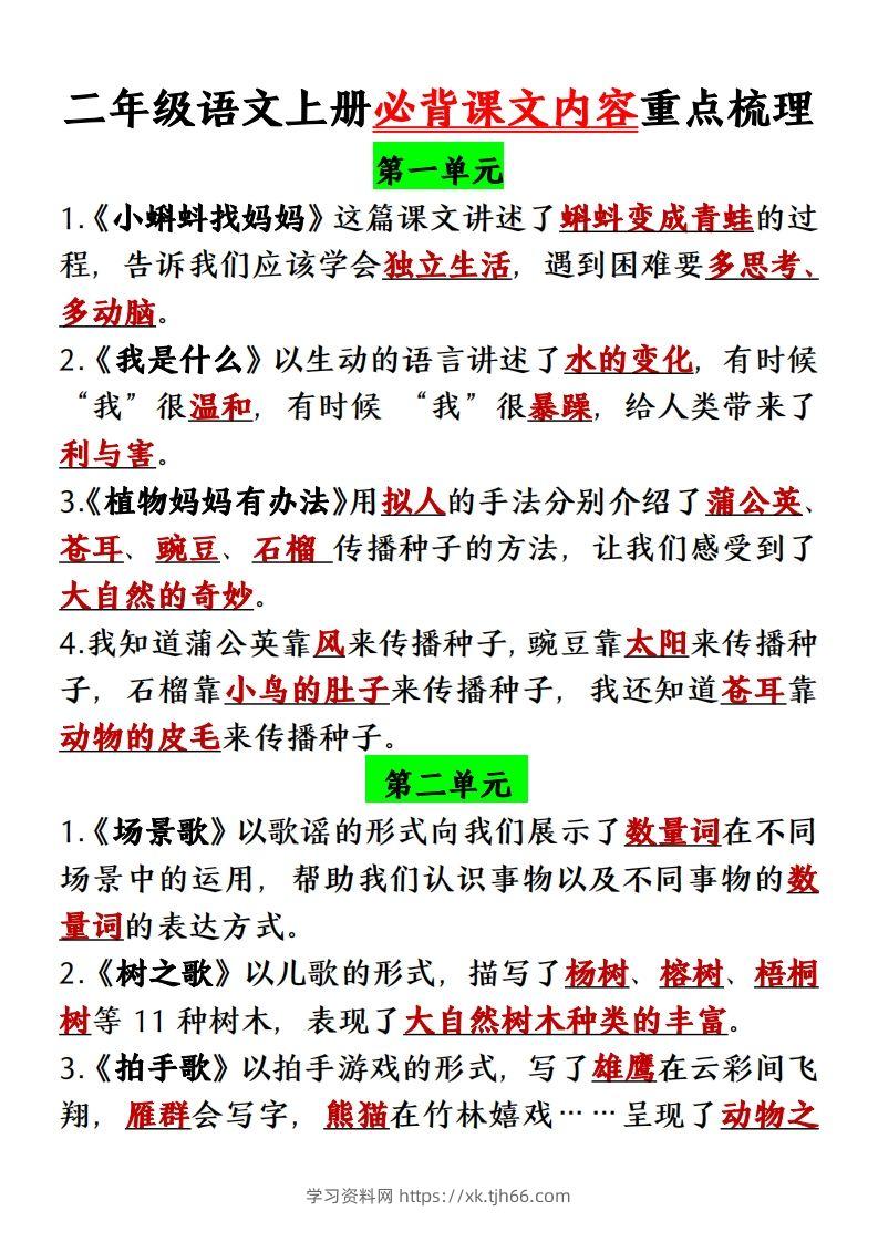 【单元必背课文内容重点梳理】二上语文-学习资料站