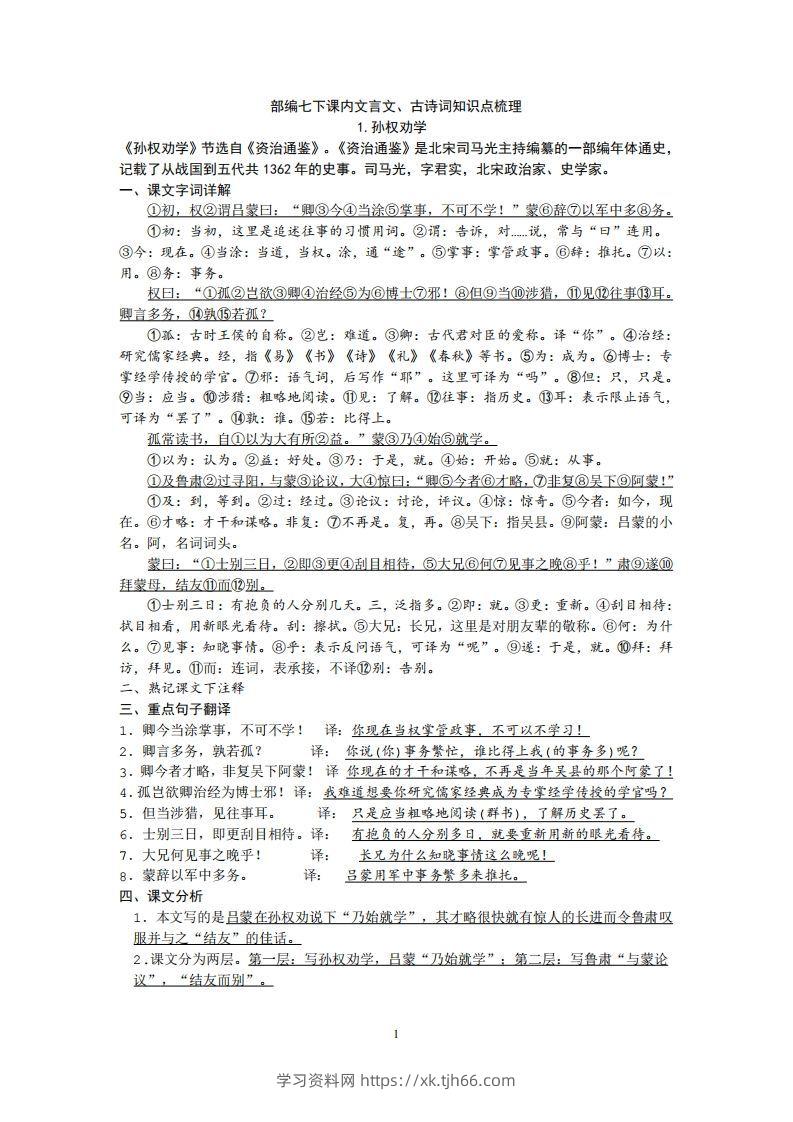 部编人教版七年级下册语文课内文言文、古诗词知识点梳理-学习资料站