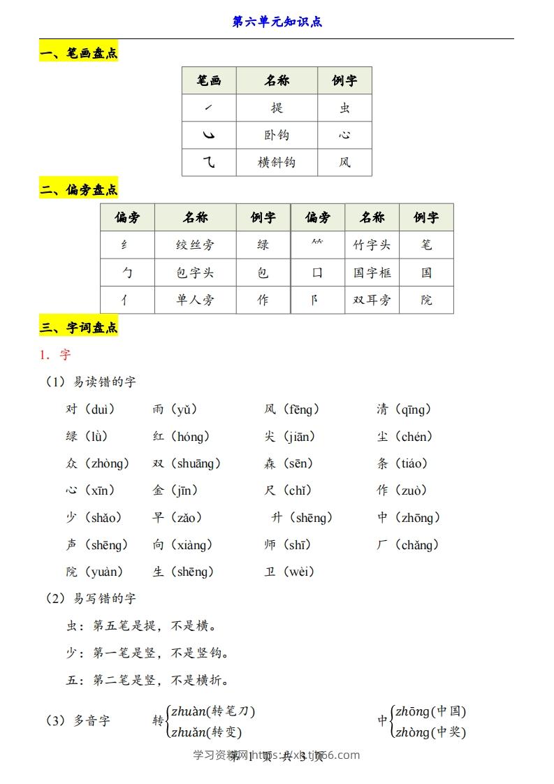 【24新教材】一上语文第6单元知识点梳理-学习资料站