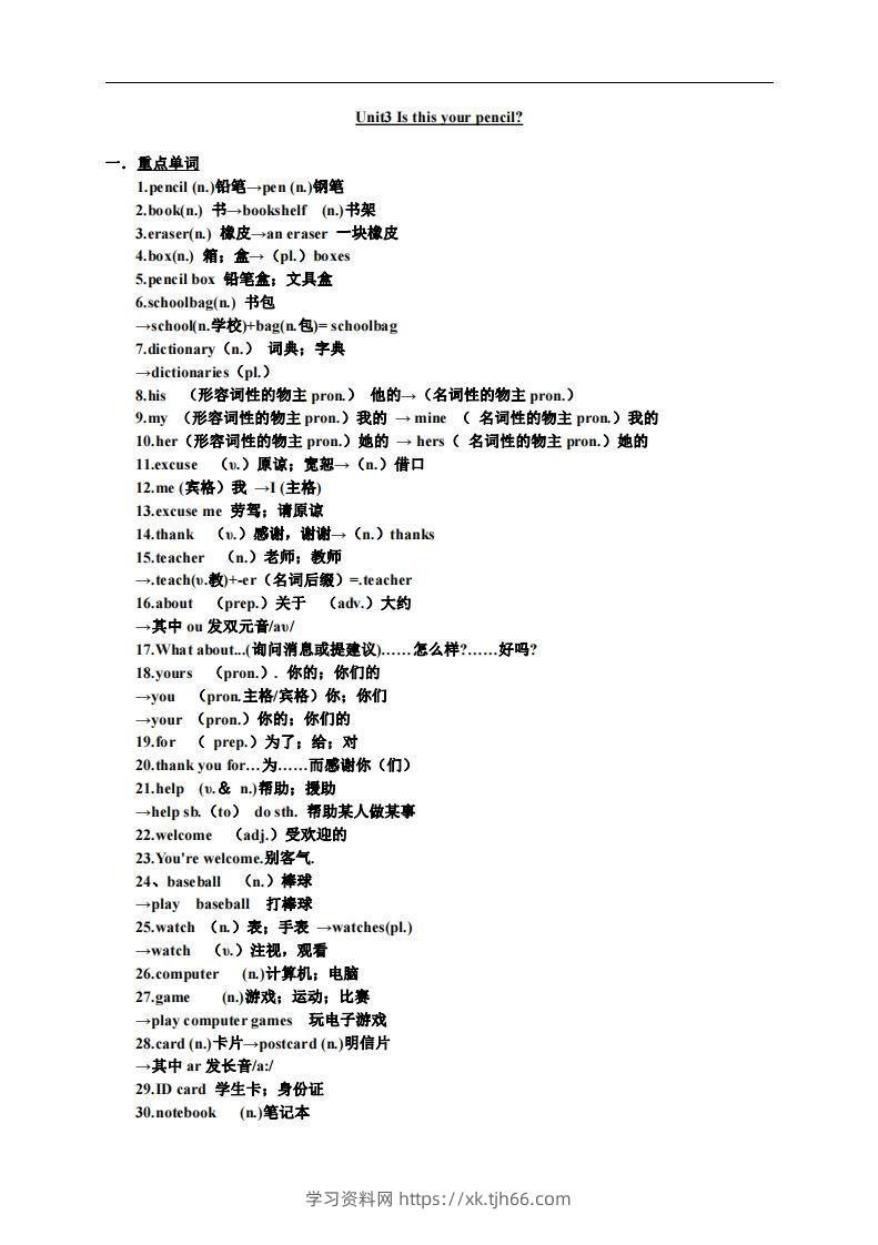 3.人教版七年级上英语Unit3复习提纲-学习资料站