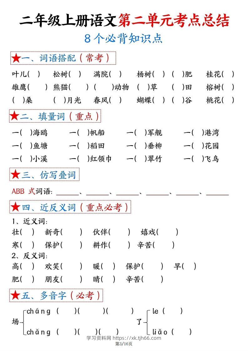 图片[3]-【空白版】二年级上册语文1-8单元考点总结-学习资料站