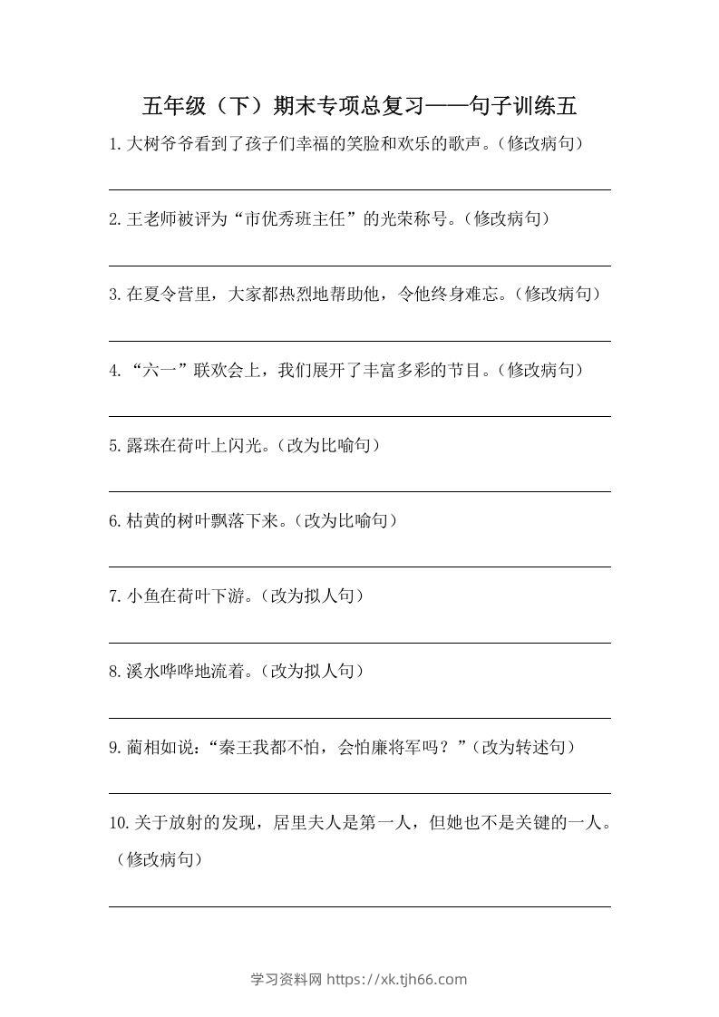 五年级语文下册期末句子训练专项训练（五）（含答案）（部编版）-学习资料站