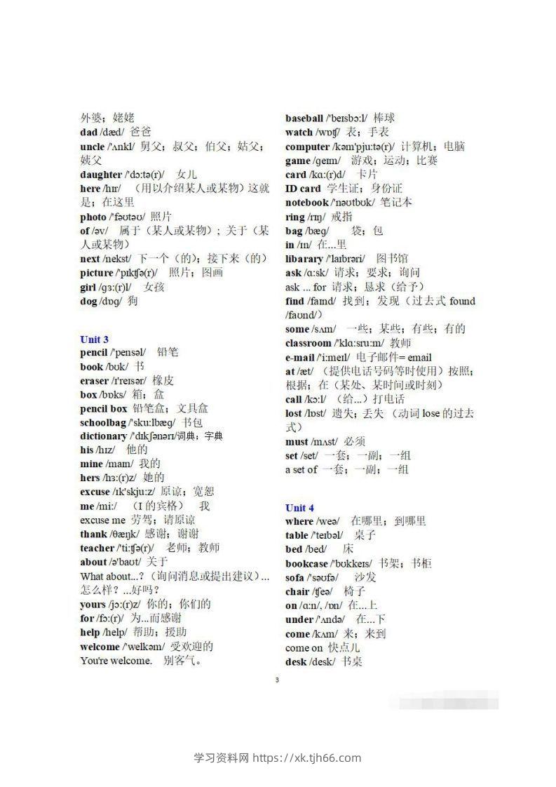 图片[3]-初一英语上册：全册《单词表》（分单元、带音标、词意）-学习资料站