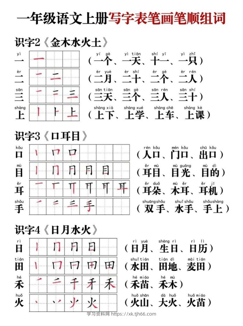 一年级语文上册写字表笔画笔顺组词-学习资料站