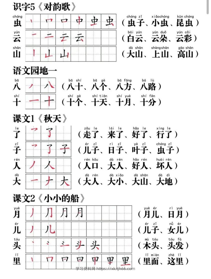 图片[2]-一年级语文上册写字表笔画笔顺组词-学习资料站