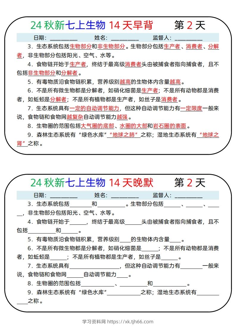 图片[2]-24秋新七上生物14天早背晚默-学习资料站