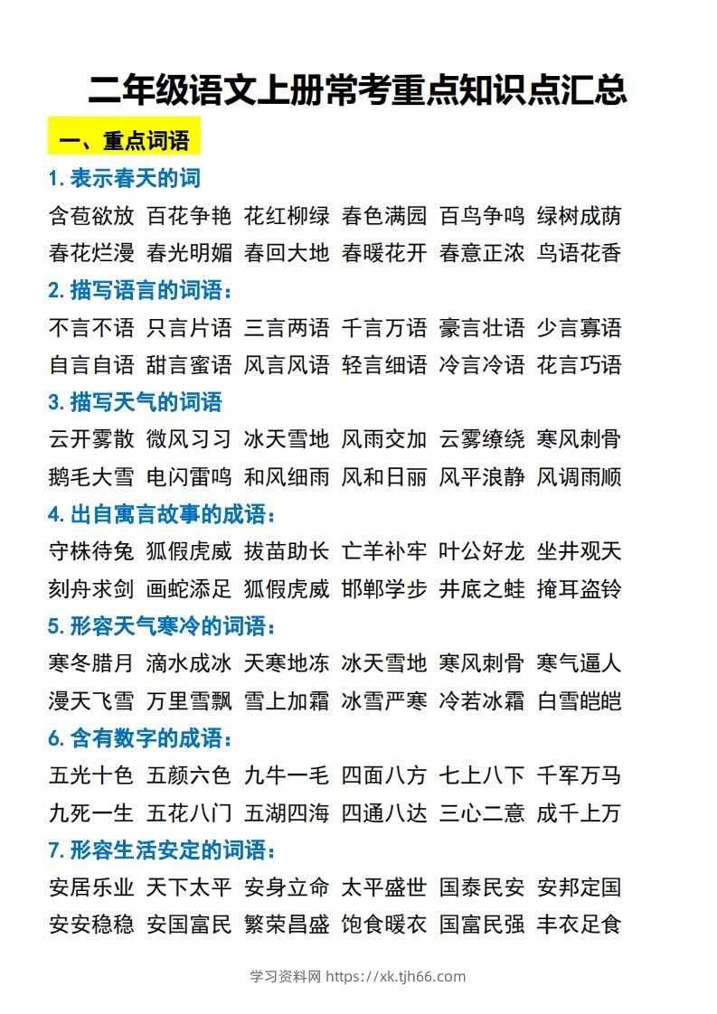 二年级语文上册常考重点知识点汇总-学习资料站