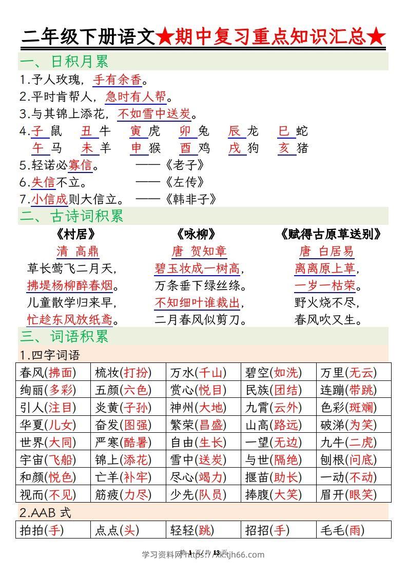 【期中重点知识汇总】二下语文-学习资料站