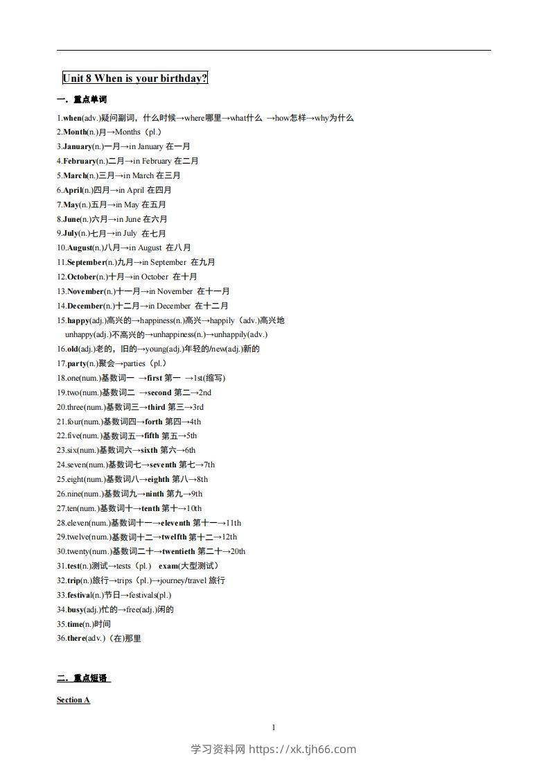 8.人教版七年级上英语Unit8复习提纲-学习资料站