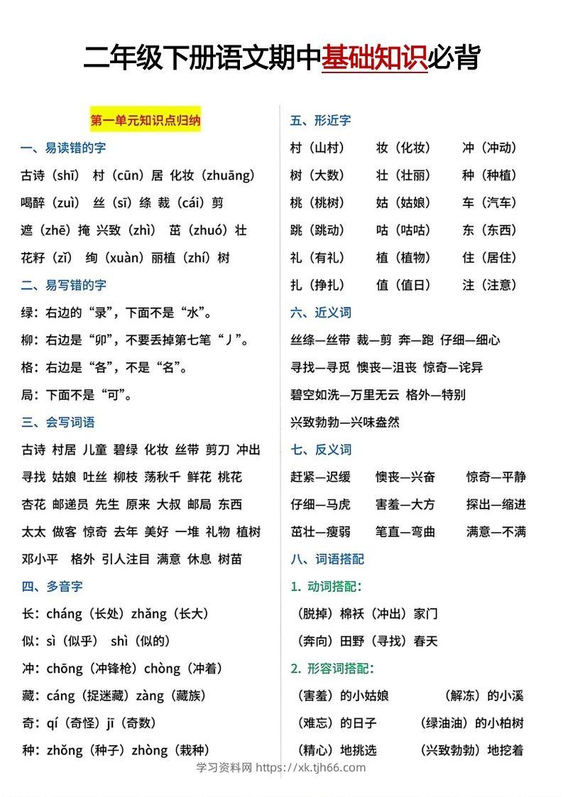 二年级下册期中基础知识必背-学习资料站