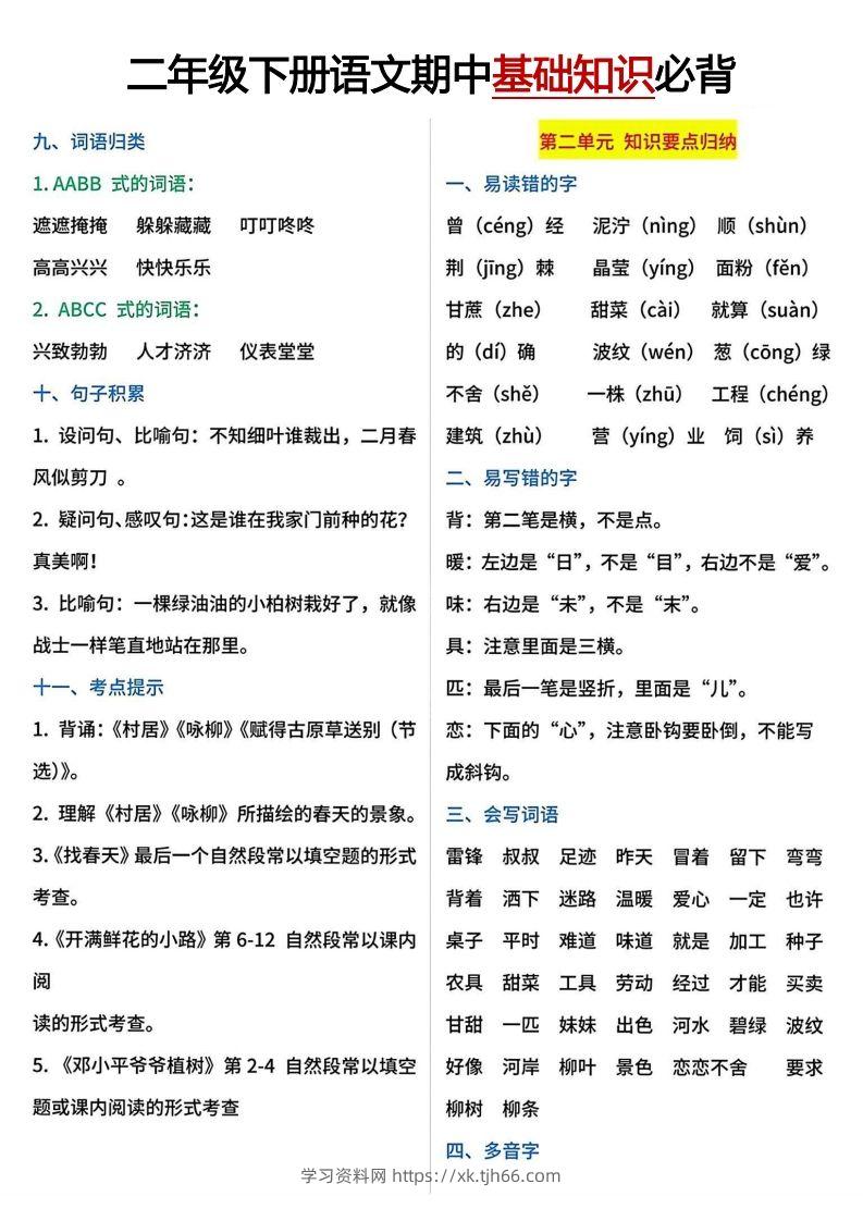 图片[2]-二年级下册期中基础知识必背-学习资料站
