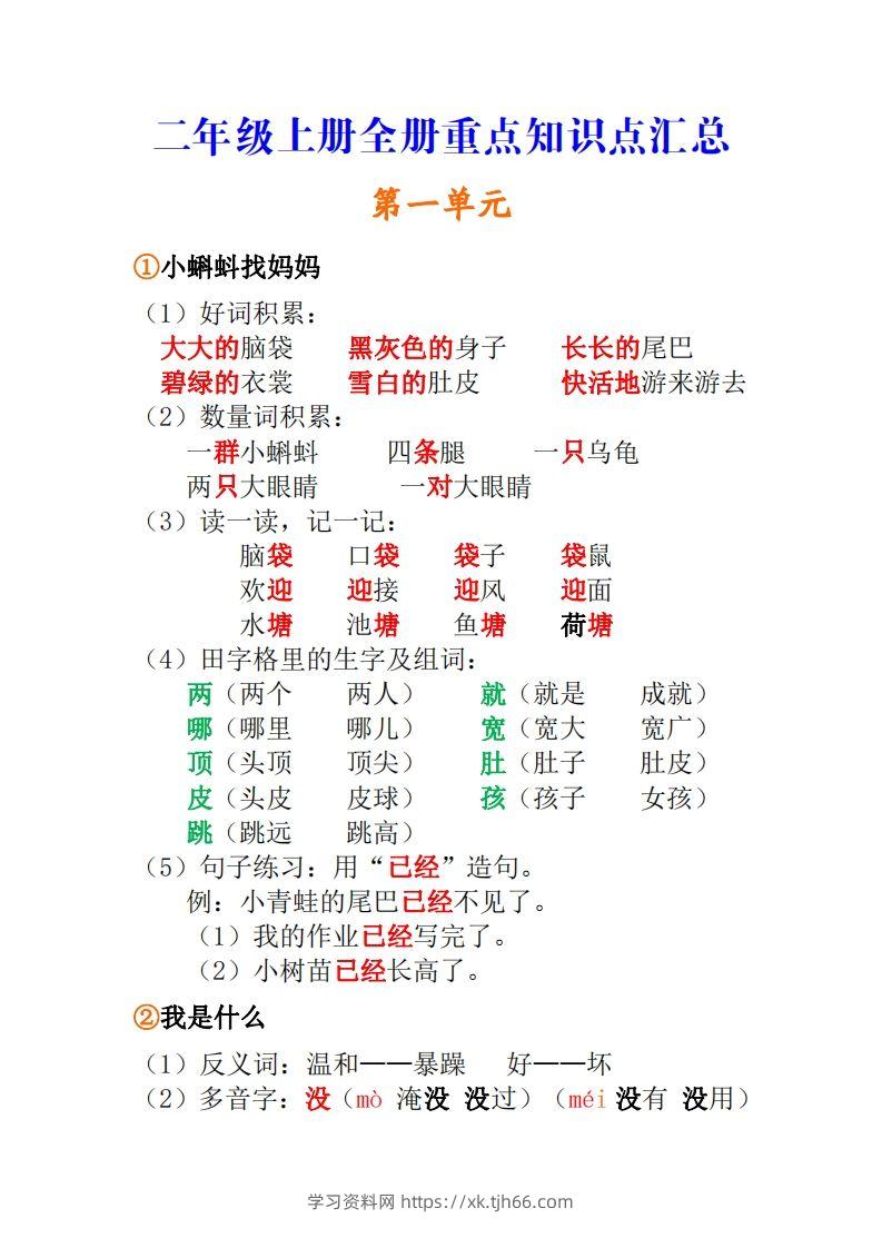 二年级上册语文全册重点知识点汇总-学习资料站