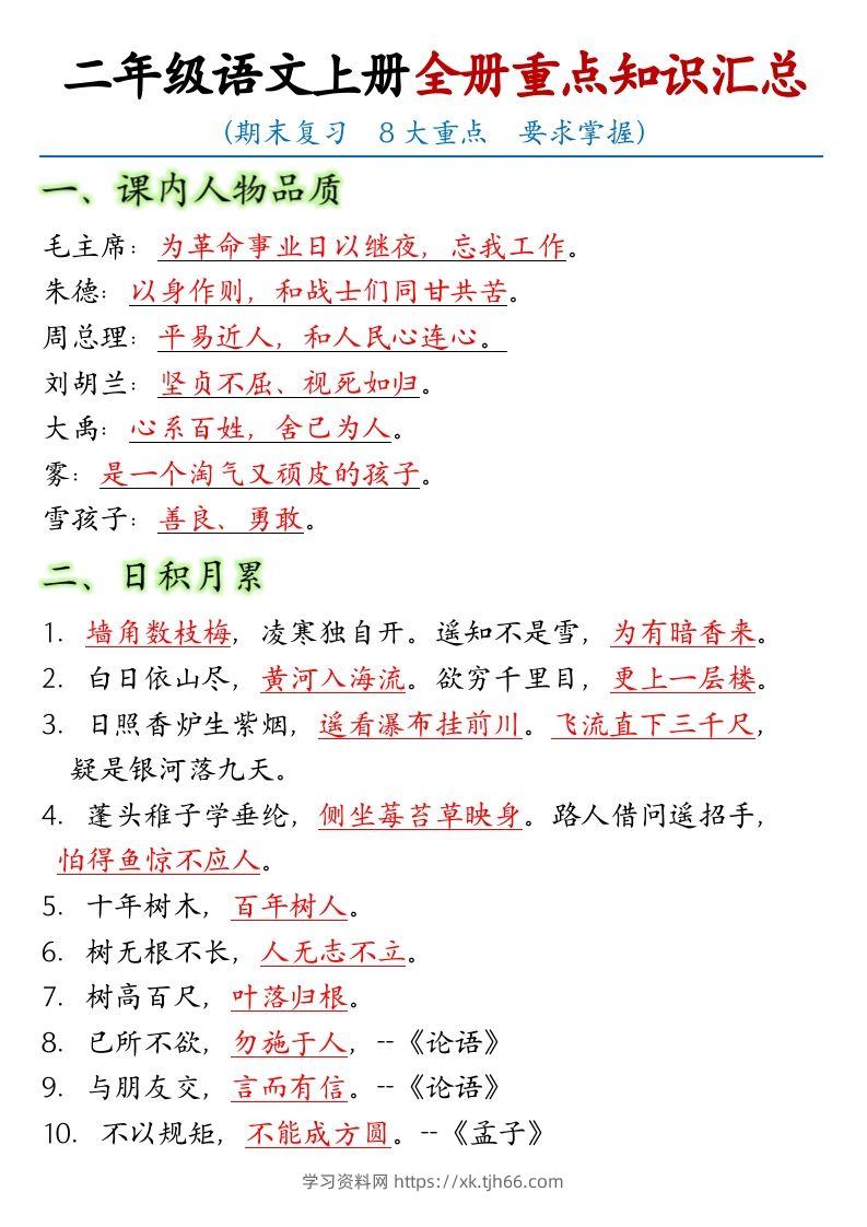 【全册重点考点归纳】二上语文-学习资料站