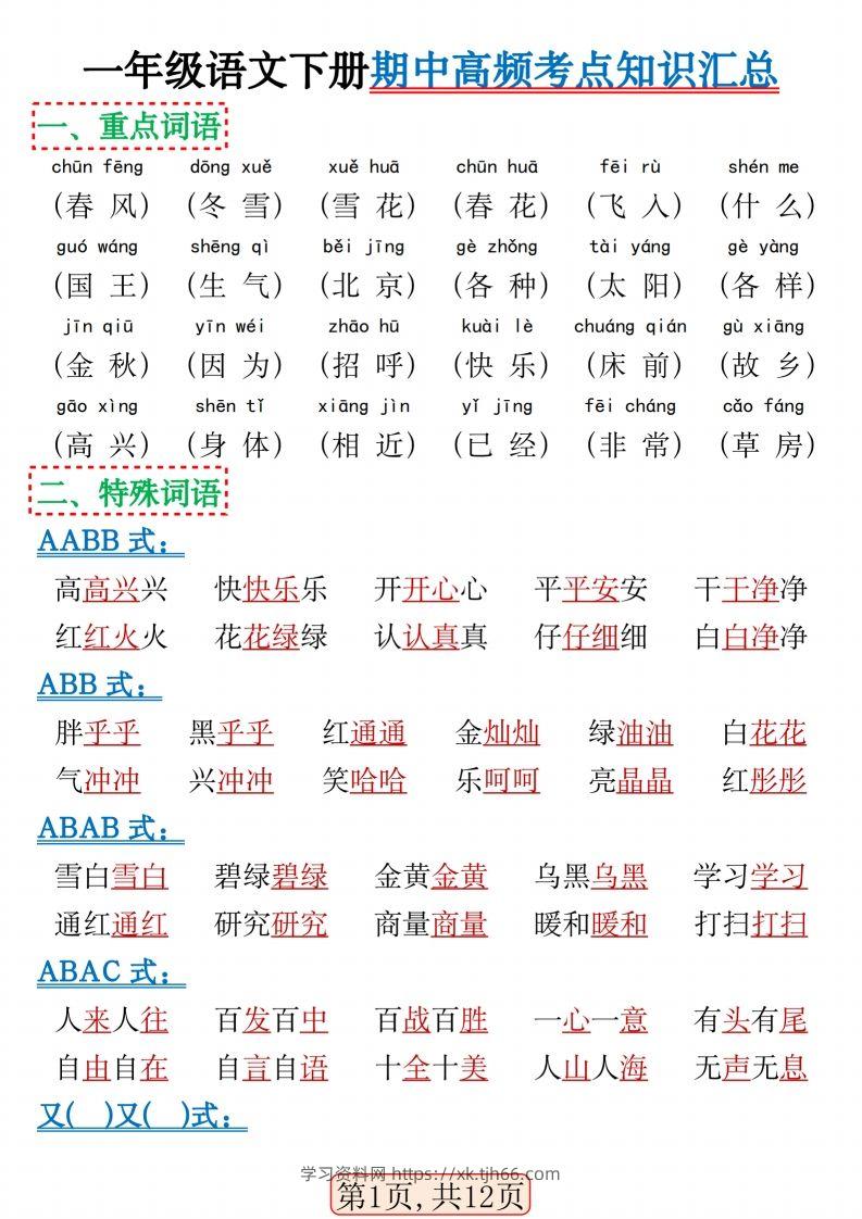 一年级语文下册期中高频考点知识汇总(1)(2)-学习资料站