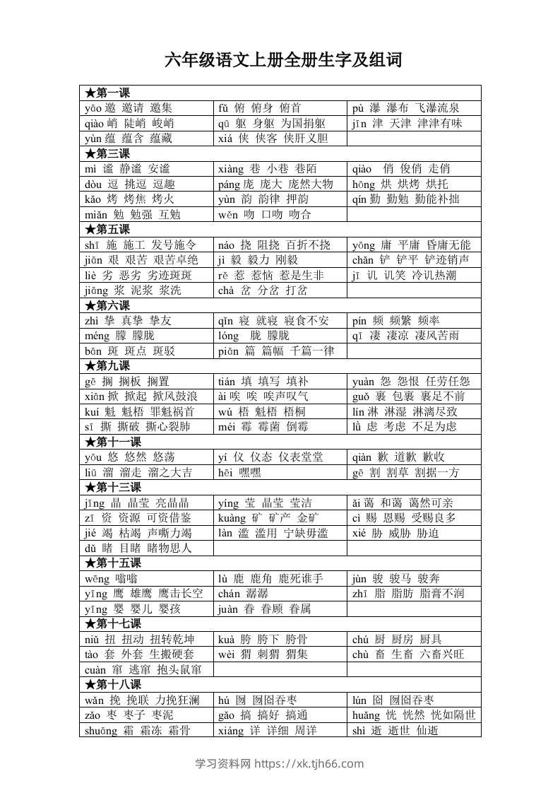 六年级语文上册全册生字及组词-学习资料站