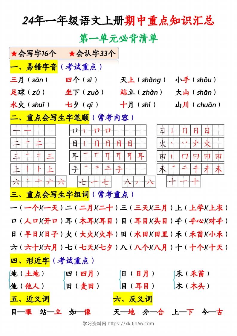 24年一年级语文上册期中重点知识汇总1_纯图版-学习资料站