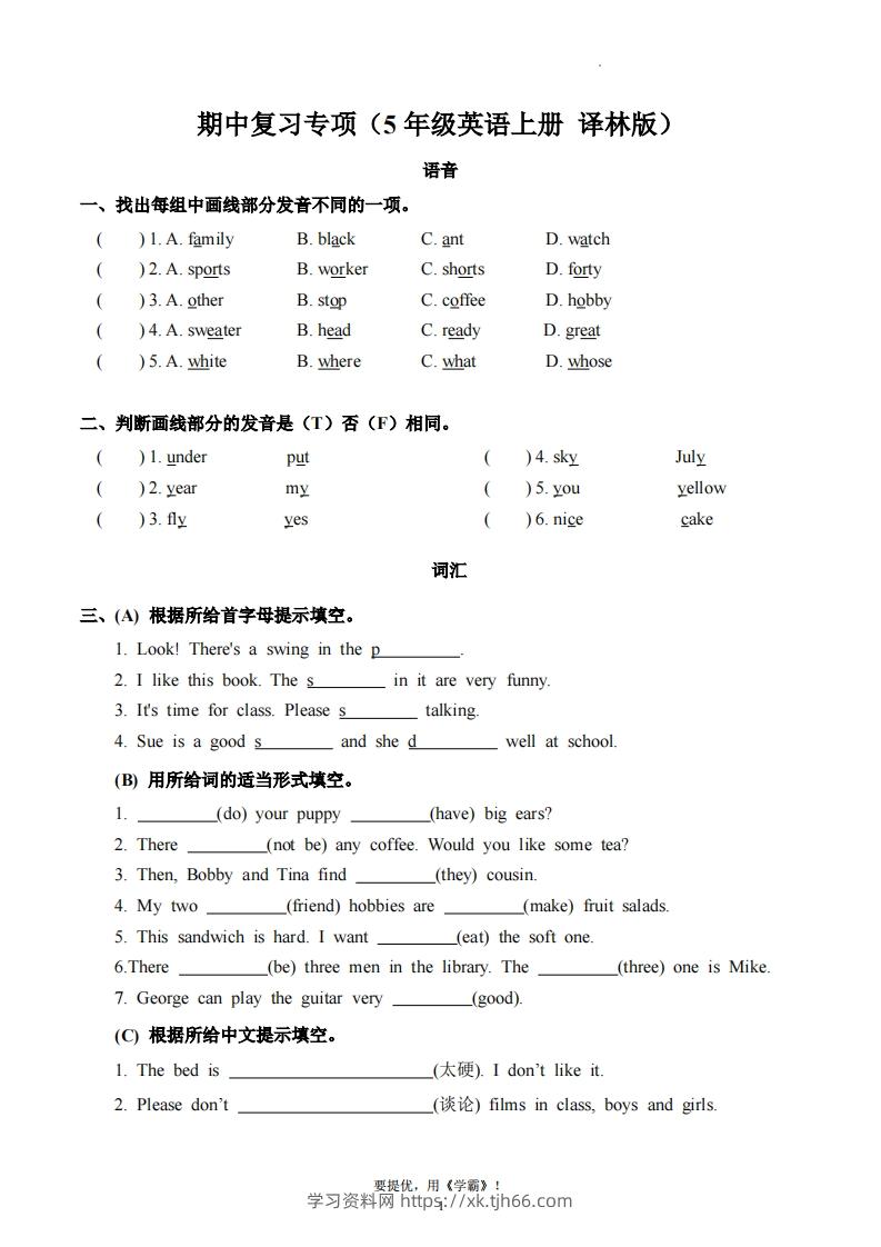 期中复习专项（五上英语译林版）-学习资料站