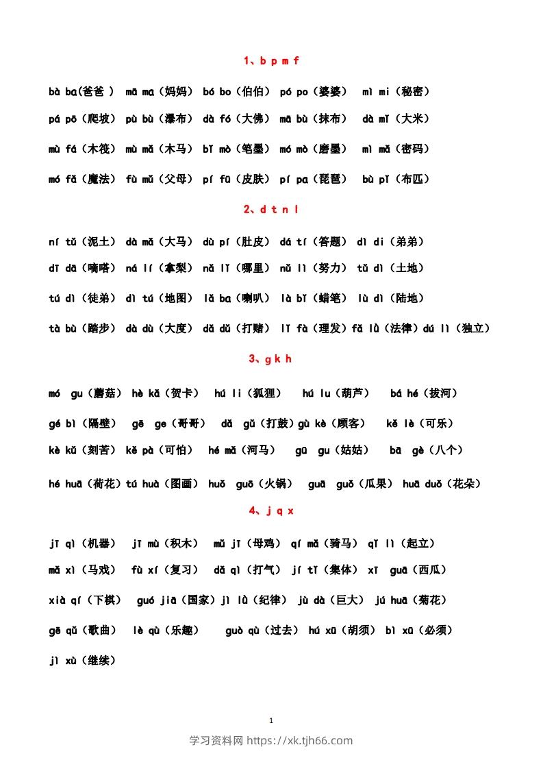 一上语文汉语拼音拼读练习（晨读晚读最佳资料）-学习资料站