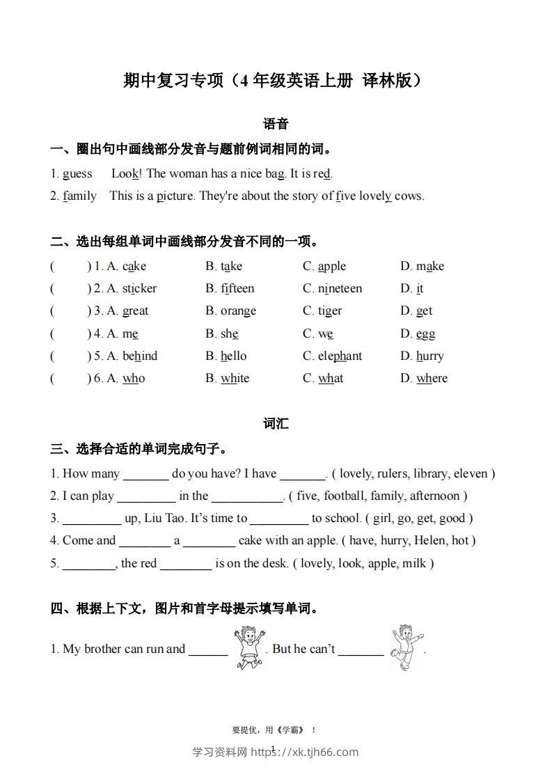 期中复习专项（四上英语译林版）-学习资料站