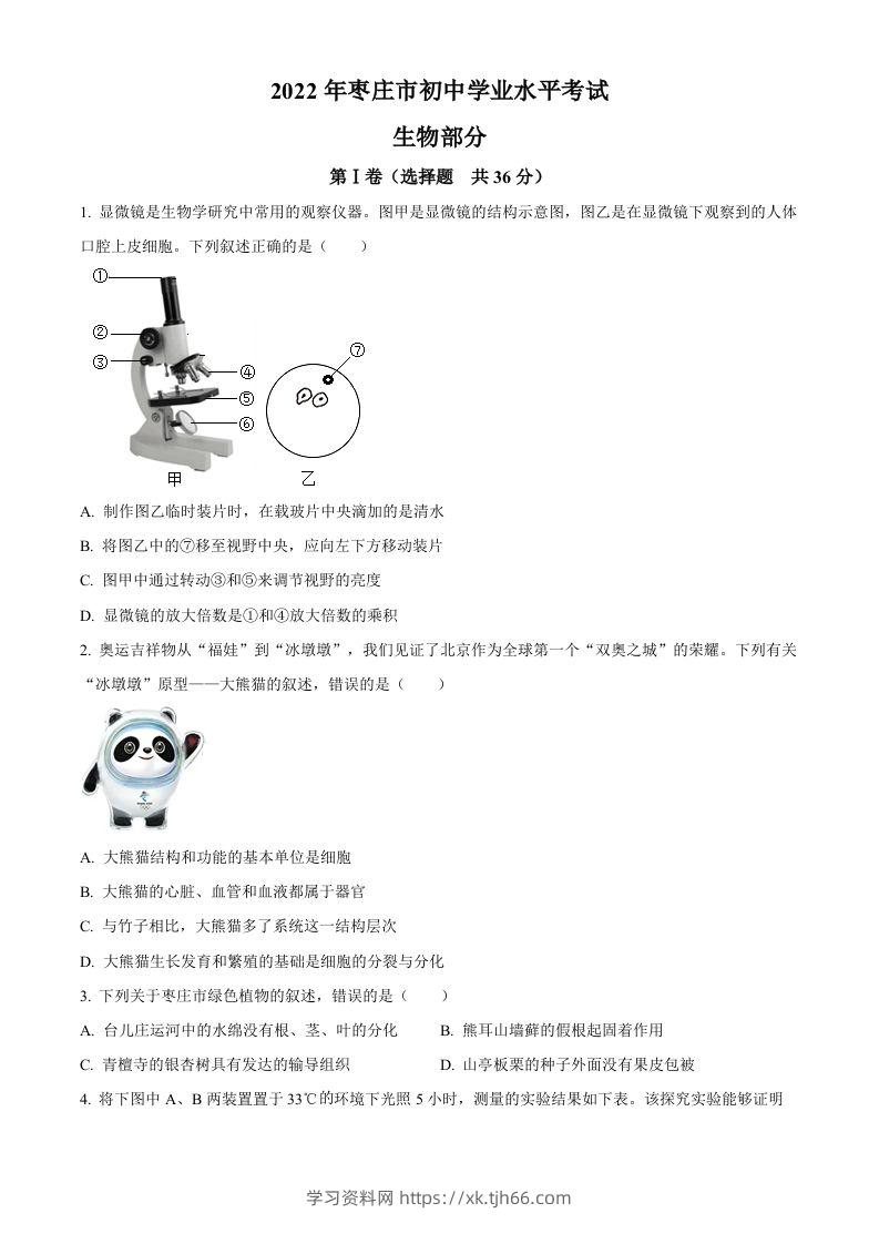 2022年山东省枣庄市中考生物真题（空白卷）-学习资料站