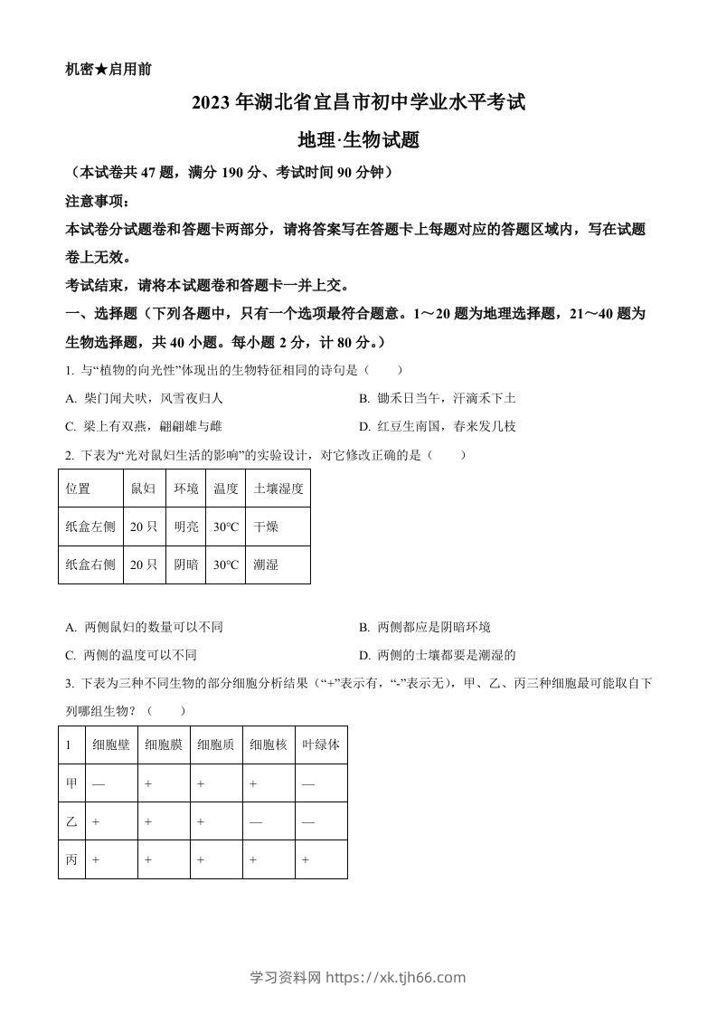 2023年湖北省宜昌市中考生物真题（空白卷）-学习资料站