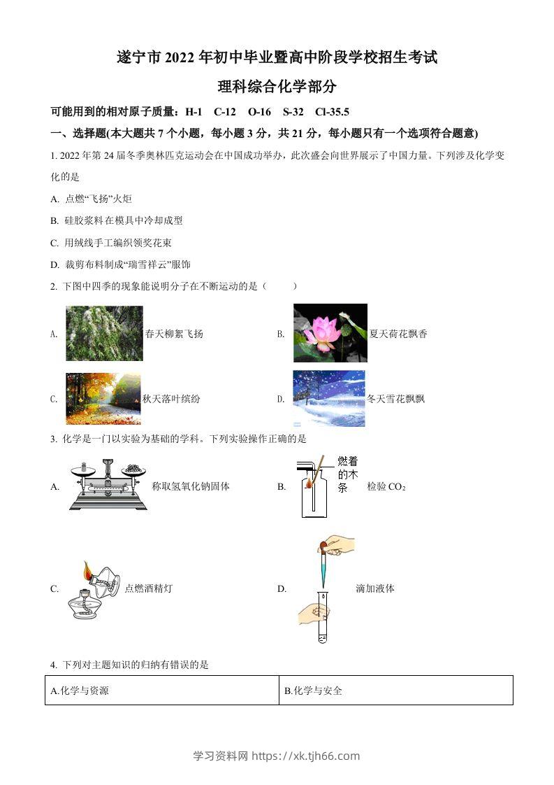 2022年四川省遂宁市中考化学真题（空白卷）-学习资料站