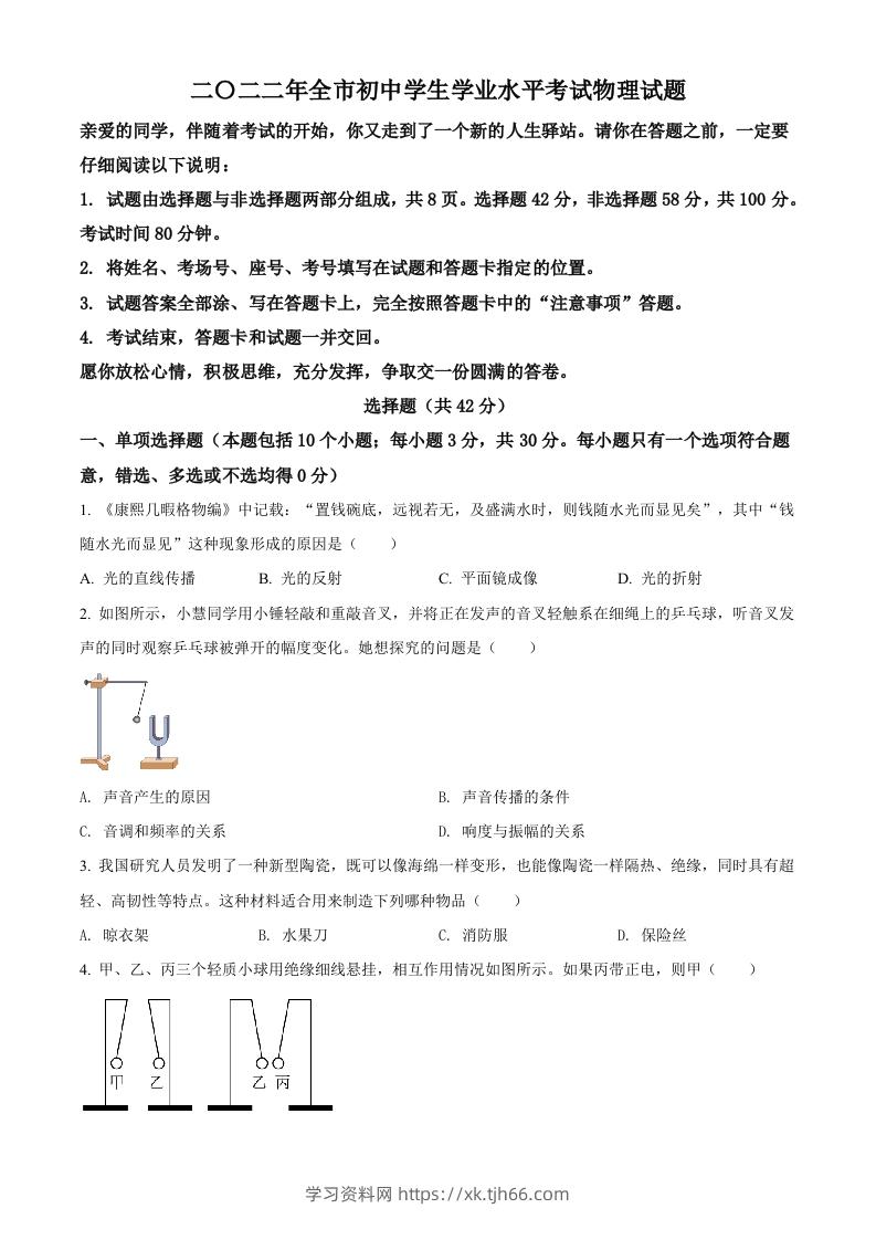 2022年山东省聊城市中考物理试题（空白卷）-学习资料站