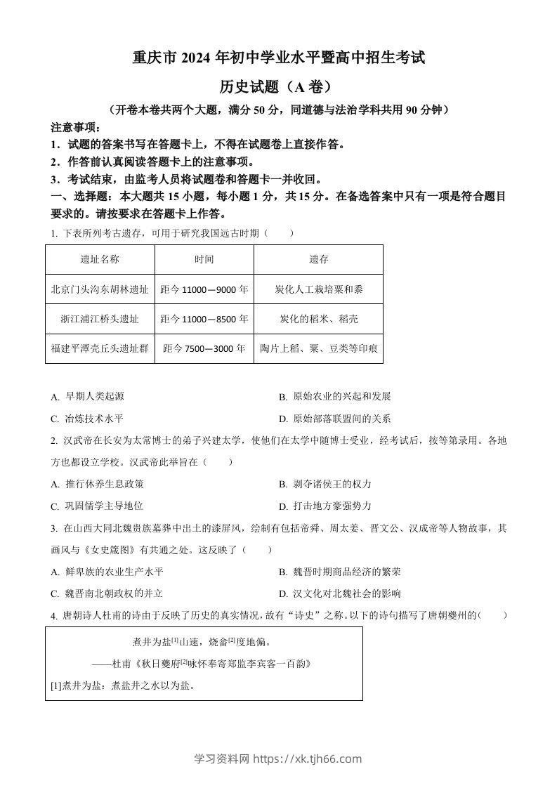 2024年重庆市中考历史真题（A卷）（空白卷）-学习资料站