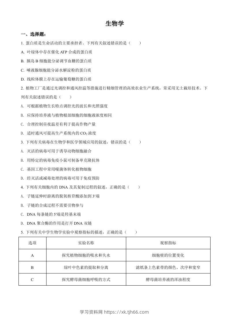 2021年高考生物试卷（辽宁）（空白卷）-学习资料站