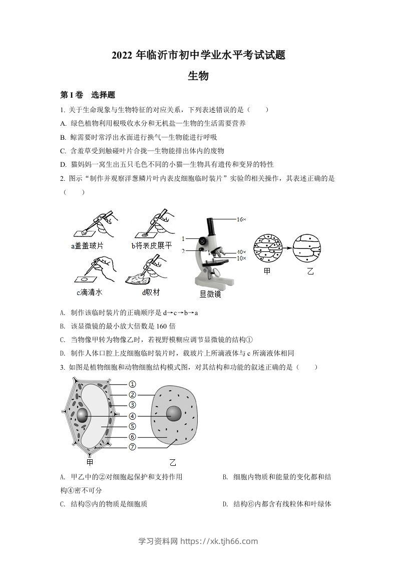 2022年山东省临沂市中考生物真题（空白卷）-学习资料站