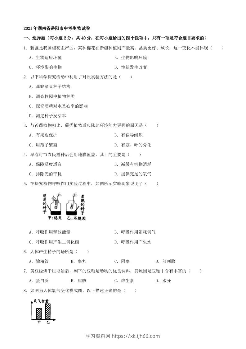 2021年湖南省岳阳市中考生物真题（word版，含解析）-学习资料站