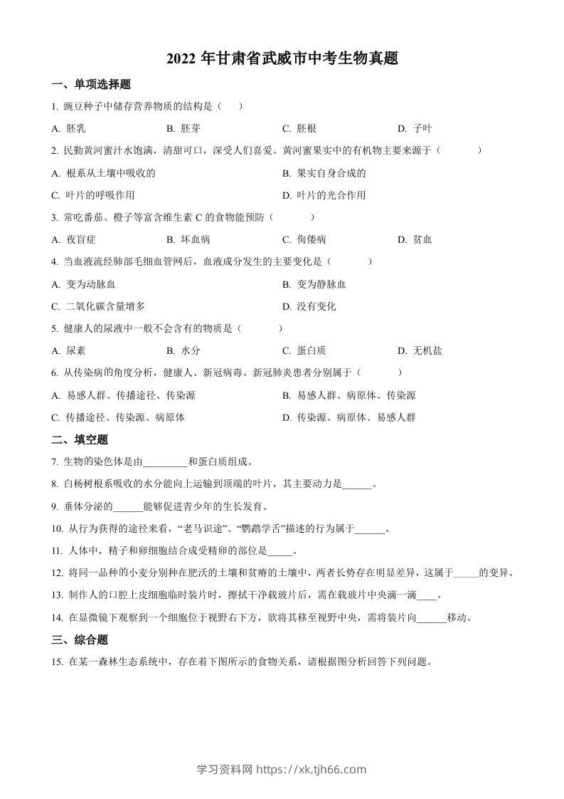 2022年甘肃省武威市中考生物真题（空白卷）-学习资料站