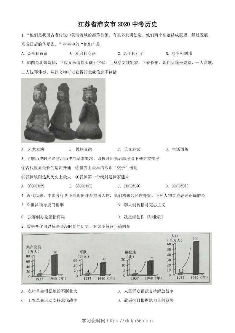 江苏省淮安市2020年中考历史试题（空白卷）-学习资料站