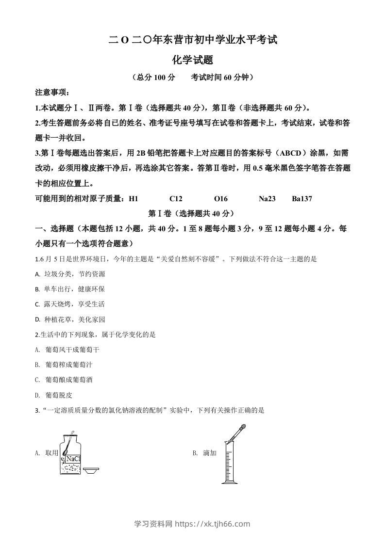 山东省东营市2020年中考化学试题（空白卷）-学习资料站