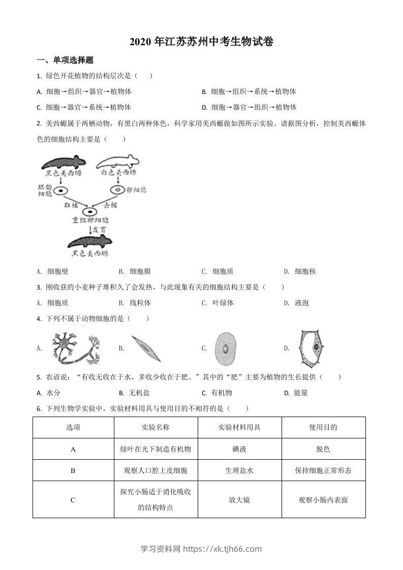 江苏省苏州市2020年学业考试生物试题（空白卷）-学习资料站