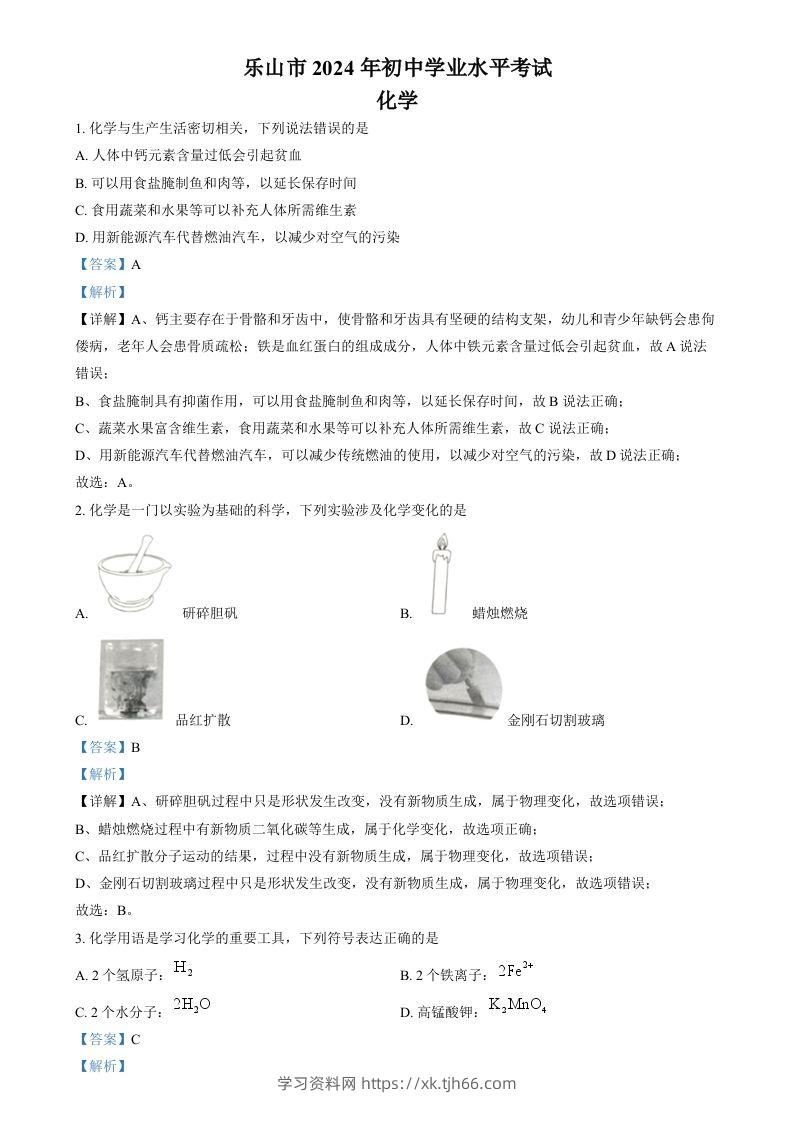 2024年四川省乐山市中考化学真题（含答案）-学习资料站
