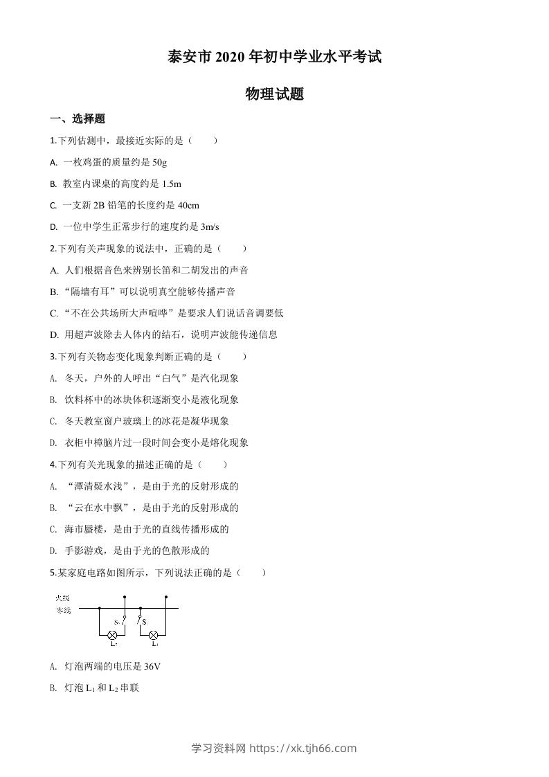 2020年山东省泰安市中考物理试题（空白卷）-学习资料站